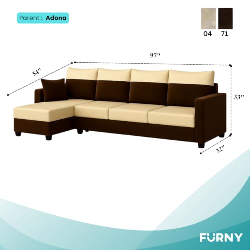 Image of Furny Arevva 6 Seater Fabric LHS L Shape Sofa Set (Cream-Dark Brown) | Soft Velvet Fabric | Modern Design | Comfortable Seating | Living Room Furniture