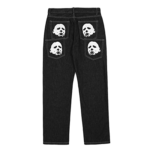 Aelfric Eden Mens Punk Denim Jeans Print Vintage Straight Trousers With Multi Pockets Streetwear Pants #TOP1