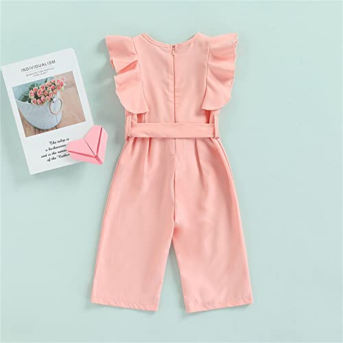 Toddler Baby Girl Floral Jumpsuits Summer Ruffle Straps Suspender Off Shoulder V Neck Wide Leg Overalls Outfit (Solid Pink,2-3T)