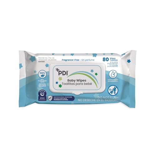 PDI Baby Wipes, Hypoallergenic, Eczema Safe, Unscented, Plant-Based Wipes, Flip-Top Lid, Single Pack, 80 Wipes Each