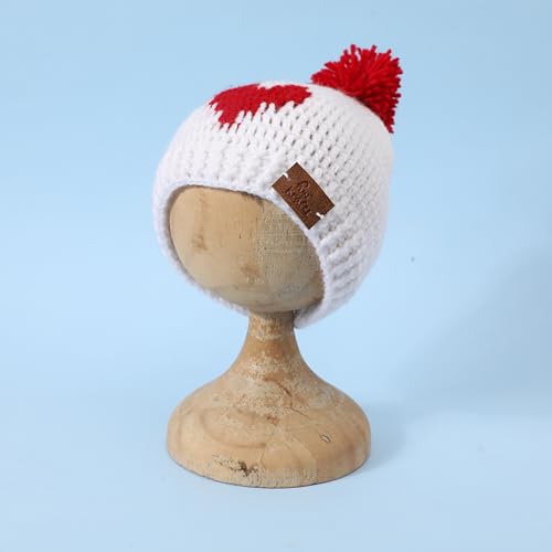 Image of Handmade Knitted Self Design Woolen Beanie Cap for Kids - White & Red 6-12 M | Winter Cap for Baby | FUNCAP56-6-12 M