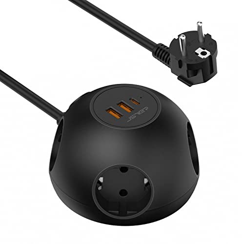 JSVER Regleta Enchufes 3680W/16A, 4 Tomas Corrientes y 3 Rápida USB (2 USB A 18W, 1 USB C PD 20W), Cable de extensión de 1,5m y Tapón de Seguridad - Negro