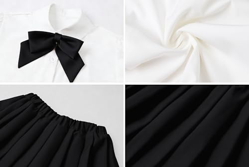 Image of Betusline Girls Skirt Set JK School Uniform 2-Piece Outfit - Short Sleeve Shirt with Bow & Webbing Style Solid Pleated Skirt,Webbing Black, 4-5 T = Tag 120