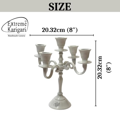 Image of Aluminum 5-Arm 8inch Ivory Candelabra for Dining Table | Vintage Candle Stand for Romantic Dinner, Home & Wedding Decor