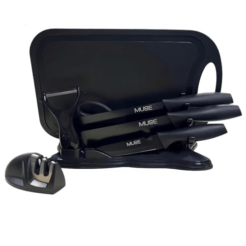 Muse Home Juego de Cuchillos de Cocina Profesional 8 Piezas con Soporte, Pelador y Afilador, Set Completo de Cuchillos para Carne y Cocina
