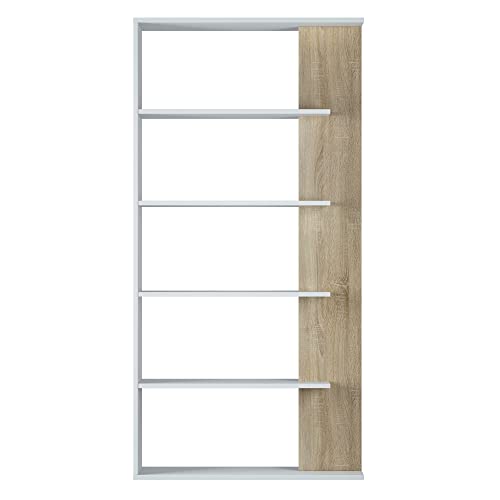 HOMN LIVING Étagère Bibliothèque Lugo Couleur Blanc/Chêne 5 étagères, pour Salon, Salle à Manger ou Bureau, 90 cm (Largeur) 25 cm (Profondeur) 180 cm (Hauteur) Cover