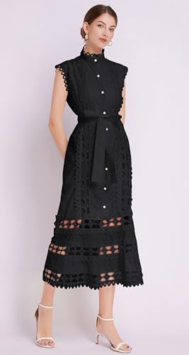 Image of LAI MENG FIVE CATS Women's Sleeveless Hollow Out Lace Button Up Casual Midi Party Dress with Belt