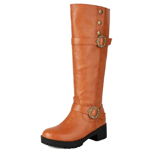 Image of Betastella Pirate Costume Boots Women Knee High Chunky Heel Platform Riding Boots, Size 9.5, Tan