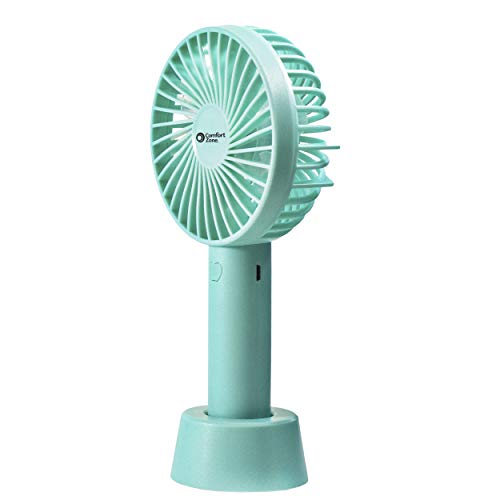 Comfort Zone Handheld Rechargeable Fan - Chargeable Lithium Ion Battery Operated, Micro USB Cable - Powerful, Compact Mini Hand Fan for Travel, Camping, Outdoors, Beach, Office - Lightweight, Green