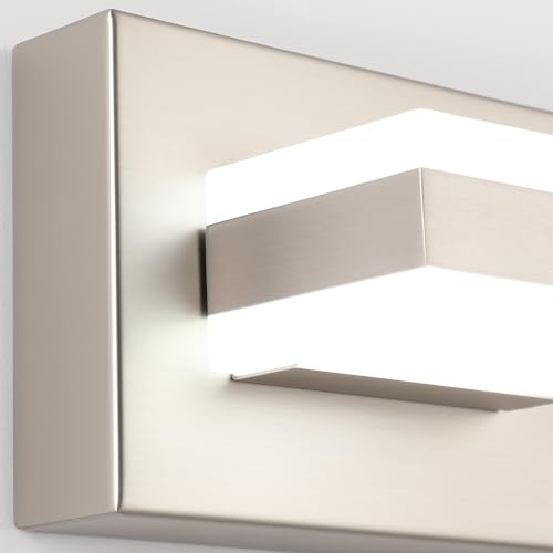 Image of SOLFART 2 Light Brushed Nickel Vanity Lights for Bathroom Over Mirror, Modern LED Lighting Fixture, 14 Inch Cool Light