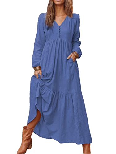 Robe longue sexy manches longues : sublimez vos formes XXXL avec ce col en V bleu