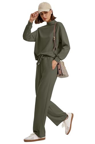 Image of WIHOLL Two Piece Sets for Women Fall Outfits Lounge Sets Mock Neck Tops Wide Leg Pants Vacation Travel Airport Outfits