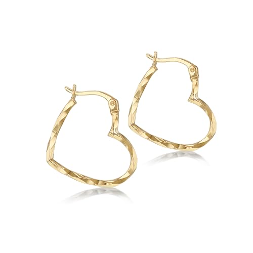 CARISSIMA Women's 9ct Yellow Gold Diamond Cut Heart Hoop Earrings
