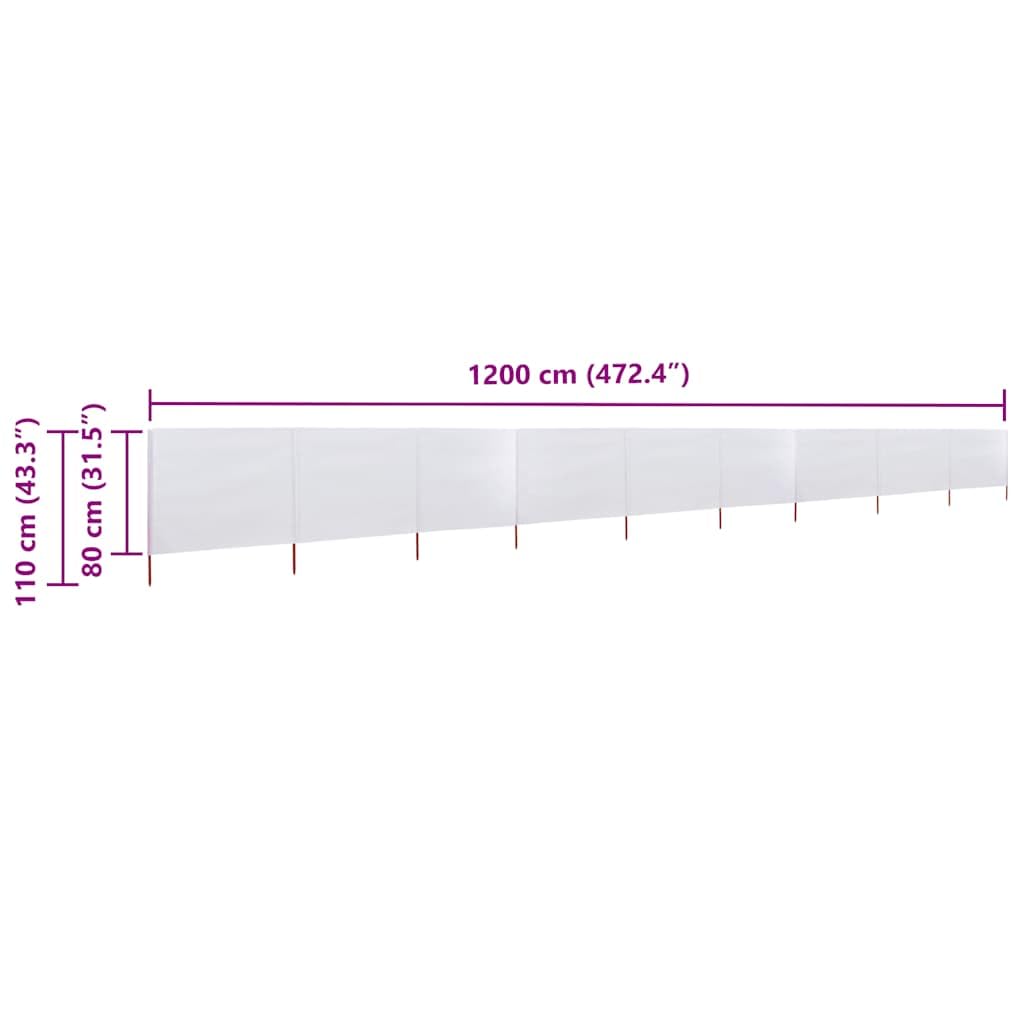 Paravento da spiaggia a 9 pannelli, tessuto bianco sabbia, 1200 x 80 cm, antivento, per campeggio, paravento per spiaggia e giardino