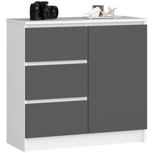 AKORD | Cassettiera K-80 JERRY con 3 Cassetti | Armadio Cameretta con 2 Ripiani e 1 Anta | Moderna Mobiletto per Soggiorno | Moderno | 80x77x35 cm | Bianco + Frontale Grigio Grafite