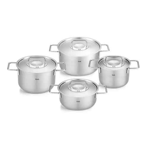 Fissler Pure Collection Juego de Cacerolas de Acero Inoxidable, 4 Piezas, 3 Ollas, 1 Asadera, con Tapadera Metálica, Inducción