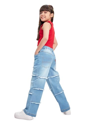 Image of olele Girls Super Jeans Collection for 4-14 Yrs | Stretchable Cotton Denim Trousers | Blue Jeans for Kids | Baggy Denim Pants | Cargo Pants for Girls