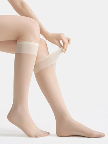 Image of leg elegant Sheer Knee High Stockings for Women, 6 Pairs Knee High Transparent Toes Nylons Pantyhose for Women