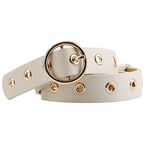 Women's Leather Belt for Jeans Dress Pants, Studded Grommet with Circle Metal Buckle Genuine Leather
