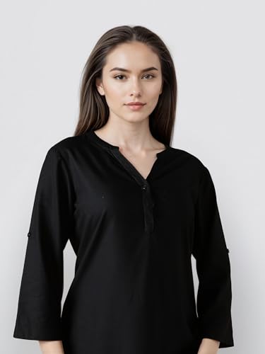 Image of FYLTR Women's Casual Roll -Up Sleeves Rayon V-Neck Top - Western Tops | Shirts for Women | Soft & Comfortable | Tops for Jeans