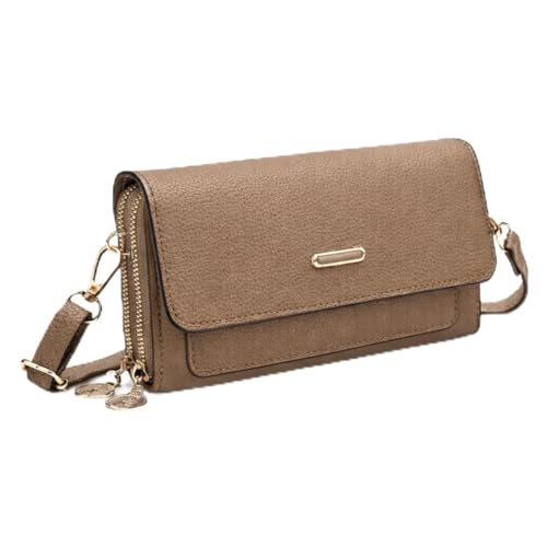Bolsa Feminina Transversal com Alça Ajustável Crossbody Pequena de Couro Sintético Tipo Clutch, carteira feminina com Zíper e Bolso para Celular Ideal para Viagem e Dia a Dia (Caqui)