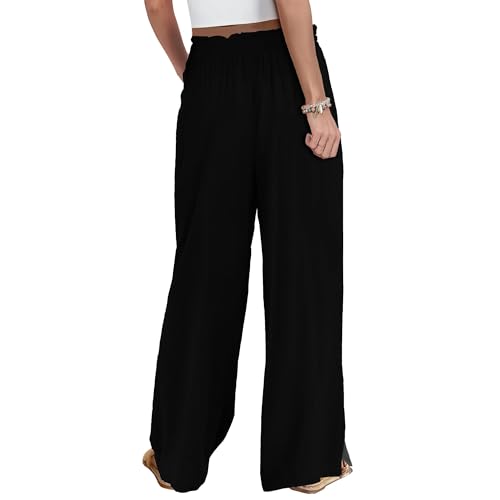Women's Casual High Waist Wide Leg Pants Summer Solid Color Long Wide Leg Pants Casual Beach Pants with Pockets3