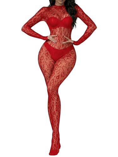 Eagerlove Body en Résille Femme Combinaison Léopard en Dentelle Body Intégral Une Pièce Lingerie en Maille pour Soirée Club Rouge Taille Unique