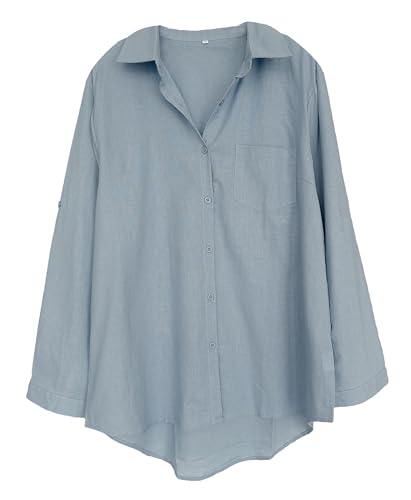 Minibee Women's Linen Blouse High Low Shirt Roll-Up Sleeve Tops2