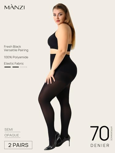 MANZI Women's 2 Pairs Control Top Pantyhose High Waist Plus Size Tights Ultra-Soft3