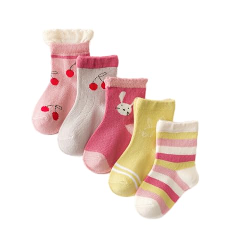 Nemo Baby Boy Girl Cotton Crew Socks, 5 Pairs, Cherry and Bunny Design, Pink and Yellow, 3-12years4