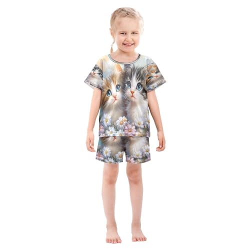 ALAZA Cute Cat Flower Blossom Floral Pajamas Set Short Sleeve Cotton Sleepwear Summer Pjs 2 Piece 5-14Y3