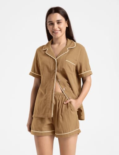 Image of Womens Muslin Pajama Sets 100% Cotton Double Gauze Linen Like Short Pjs | Breathable Soft Comfort Button Up Loungewear Sleepwear PJ Set