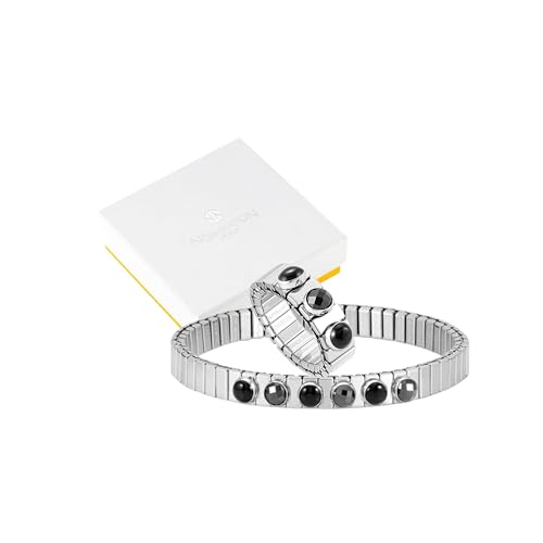 Image of Nomination® Xte Collection Women’s Jewelry Set, Stainless Steel Bracelet and Ring with Natural Stones and Faceted Black Crystal, Stretch Fit Elegant Italian Design Jewelry Gift Set