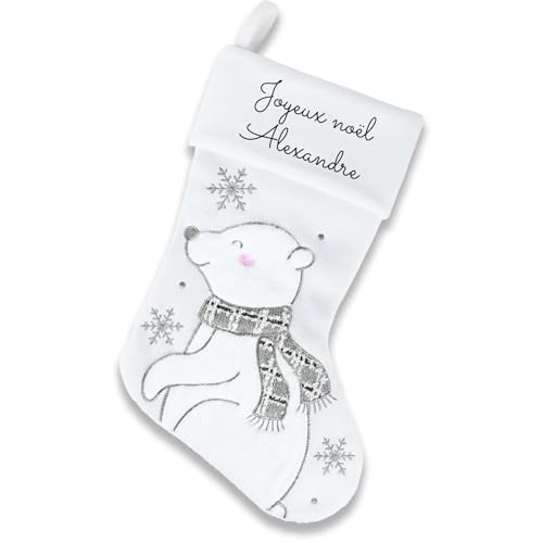 DECOHO - Chaussette Feutrine Blanche - Botte de Noël décorative personnalisée pour cheminée | Ours Blanc