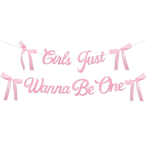 Girls Just Wanna be One Banner for Bow Baby Shower Decorations Pink Glitter Baby Garland for Baby Girl Coquette Party Decor