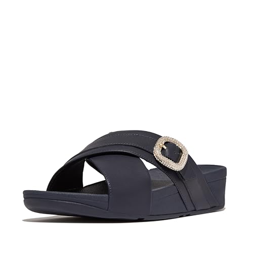 Image of FitFlop Lulu Crystal-Buckle Leather Cross Slides