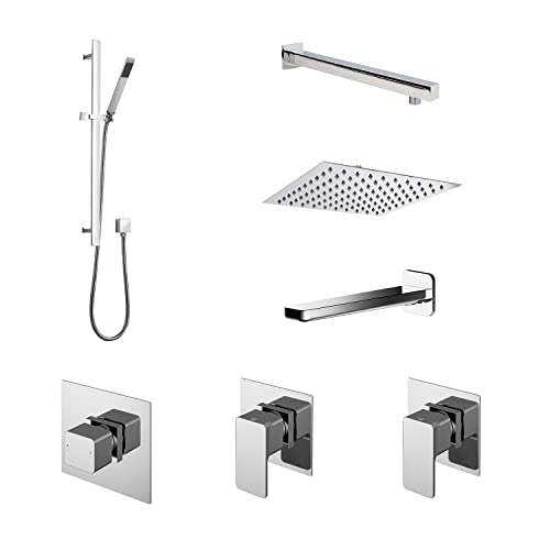 Balterley Concealed Rainfall Shower Head with Thermostatic Mixer Valve, Handheld Shower, Outlet Elbow, Bath spout, Rail & Holder, Square Head with Arm, 3 Knobs Square Valve, Wall Mount (Chrome)