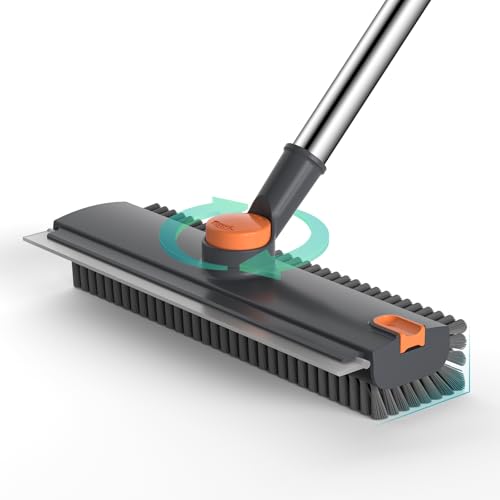 Floor Scrub Brush with Long Handle Length Adjustable 3 in 1 Heavy-Duty Stiff 90 Bristle Floor Scrubber Broom with Squeegee Cleaning Brush for Bathroom Garage Kitchen Tile Deck & Patio (Gray)