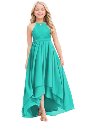 Cute Flower Girl Dresses for Wedding Halter Neck A Line High Low Chiffon Junior Bridsmaid Dresses with Sash