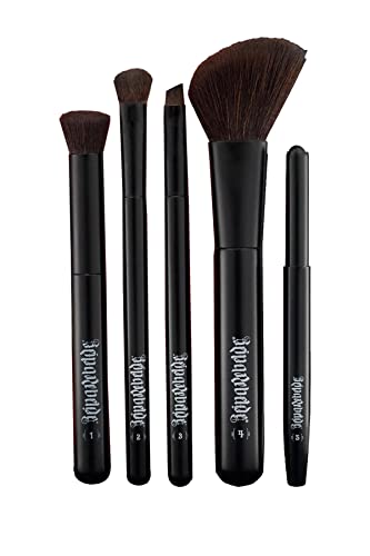 Reina Rebelde Las Brochas - 5 Short Handle Makeup Brush Set/Fibers Designed to Enhance Pick Up, Place, Blend Out Beautifully/Contour, Dome, Eyeliner Eyebrow, Blush/Highlight, Retractable Lip