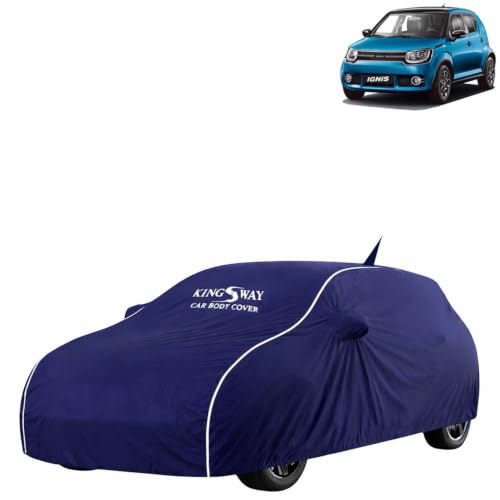 Image of KINGSWAY Super Waterproof Car Cover Only with Maruti Suzuki Ignis (Year 2016 Onwards - All Model) | Mirror and Antenna Pockets | All Weather Car Body Cover with Silver Piping | Blue