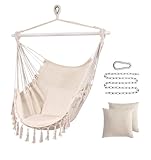 Hanging Hammock Chair Swing - Max 660 Lbs(500lbs Rated), Hanging Rope Swing with 2 Cushions for Backyard, Bedroom, Removable Steel Spreader Bar with Anti-Slip Rings, for Indoor or Outdoor (Beige)