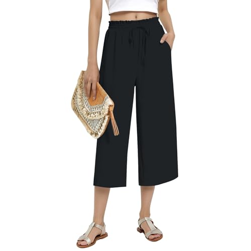 Wide Leg Capri Pants for Women Loose High Waisted Elastic Cotton Linen Pants Drawstring Casual Trousers with Pockets2