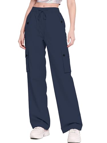 Image of Betusline Girls & Women's High Waist Wide Leg Cargo Pants Y2K Parachute Pants with Pockets and Drawstring 6 Years-Women 2XL
