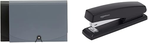 Amazon Basics Carpeta organizadora expansible, tamaño carta, negro y gris, paquete de 2 y grapadora con 1250 grapas, engrapadora de oficina,