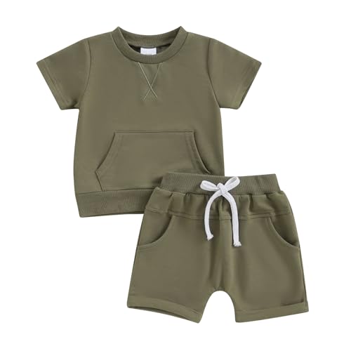 Image of Ledy Champswiin Baby Boy Girl Summer Outfits Toddler Solid Color Clothes Pocket Shorts and Top Set