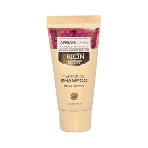 ARGANICARE - Shampoing à l’Huile de Ricin 50ml – Mini Format Voyage – Stimule la Pousse, Fortifie et Répare les Cheveux Fragiles - Tous types de cheveux
