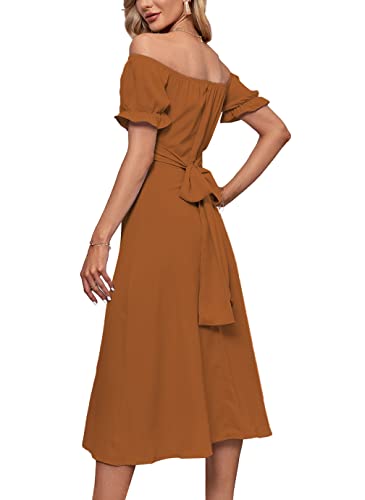Image of LYANER Women's Off Shoulder Wrap Ruffle Puff Short Sleeve Ruched Tie Back Dress