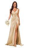 YMSHA Women's Ruched Waist Bridesmaid Dresses with Slit Long Mermaid Pleated Evening Party Dress V Neck Maxi Dress for Wedding 8 Champagne