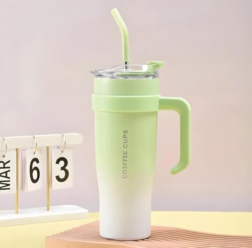 Image of MOOKA 1200ML Stainless Steel Tumbler Hot and Cold with Handle and Lid 2 Straw, Double Insulated Cup 100% Leak Proof Mug Cupholder for Gym, Travelling (Green White)